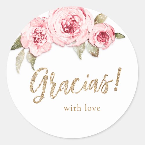 Sparkle gold glitter and pink floral gracias favor classic round sticker