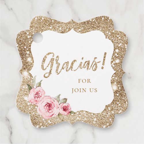 Sparkle gold glitter and pink floral gracias favor tags