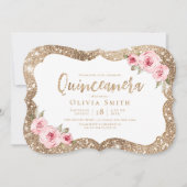Sparkle gold glitter and pink floral Quinceanera Invitation (Front)