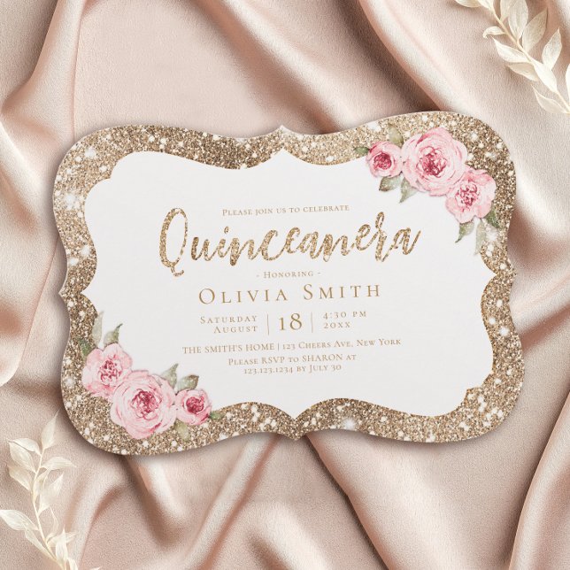 Sparkle gold glitter and pink floral Quinceanera Invitation