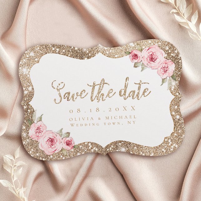 Sparkle gold glitter and pink floral Save The Date (Sparkle gold glitter and pink floral Save The Date)