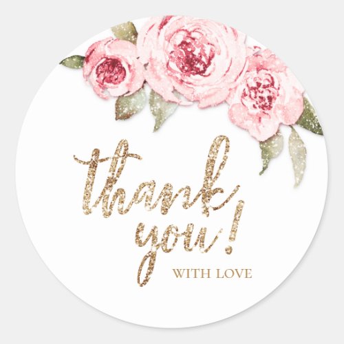 Sparkle gold glitter and pink floral thank you classic round sticker