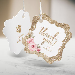 Sparkle gold glitter and pink floral thank you favor tags