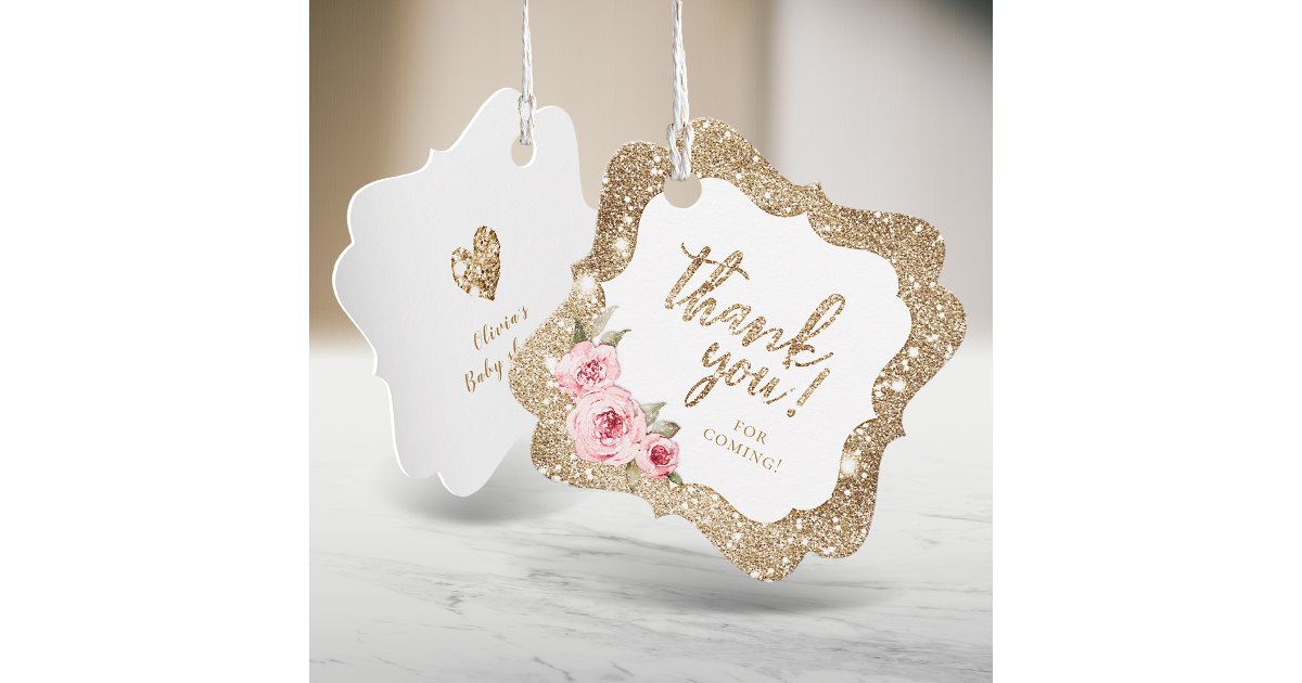 Sparkle gold glitter and pink floral thank you favor tags | Zazzle