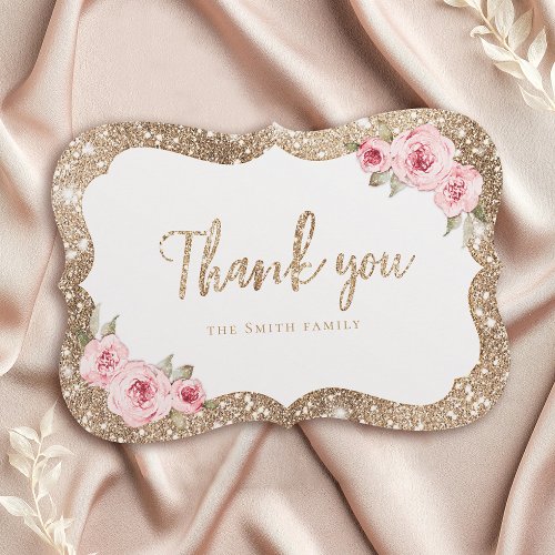 Sparkle gold glitter and pink floral thank you invitation
