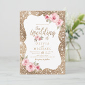 Sparkle gold glitter and pink floral wedding invitation (Standing Front)