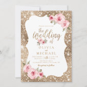 Sparkle gold glitter and pink floral wedding invitation (Front)