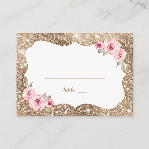 Sparkle gold glitter and pink floral Wedding Place Card