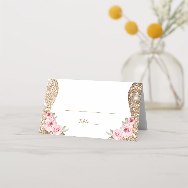 Sparkle gold glitter and pink floral Wedding Place Card (Front)