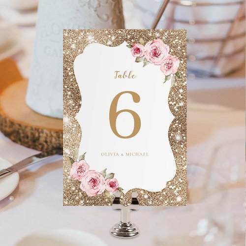 Sparkle gold glitter and pink floral Wedding Table Number