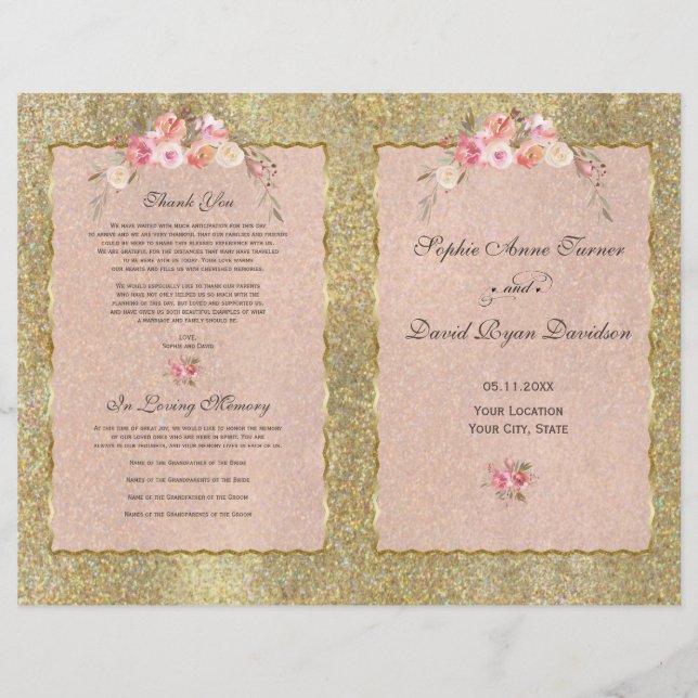 Sparkle Gold Glitter Blush Floral Wedding Program (Front)