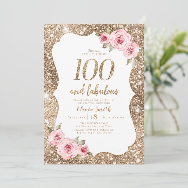 Sparkle gold glitter & pink floral 100th Birthday Invitation (Standing Front)