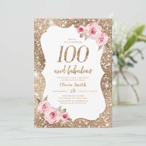 Sparkle gold glitter  pink floral 100th Birthday Invitation