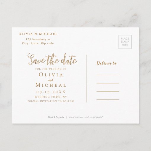 Sparkle Gold Glitter Pink Floral Save The Date Announcement Postcard