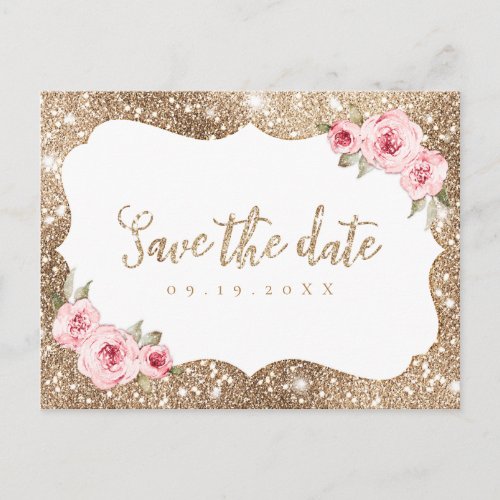 Sparkle gold glitter pink floral save the date announcement postcard