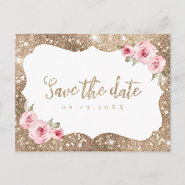 Sparkle gold glitter pink floral save the date announcement postcard (Front)