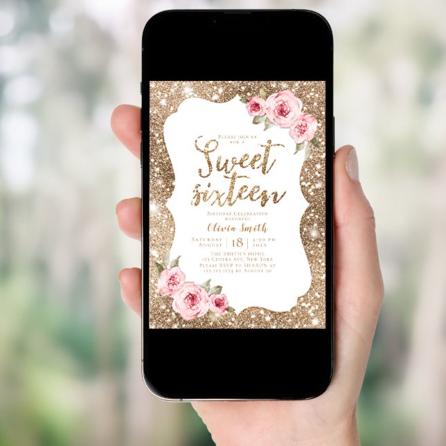 Sparkle gold glitter pink floral sweet 16 birthday invitation (Front Digital)