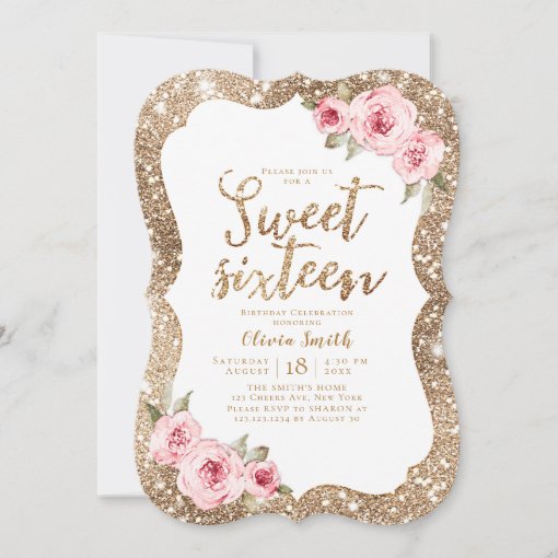 Sparkle gold glitter pink floral sweet 16 birthday invitation | Zazzle