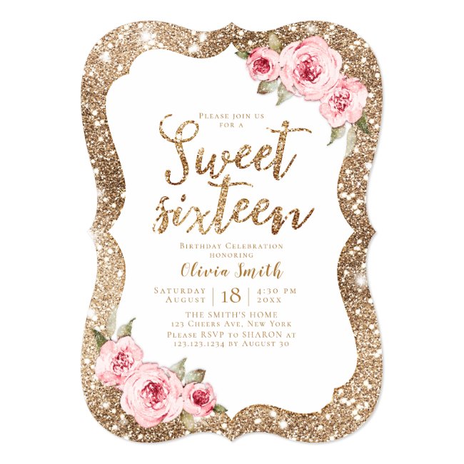 Sparkle gold glitter pink floral sweet 16 birthday invitation