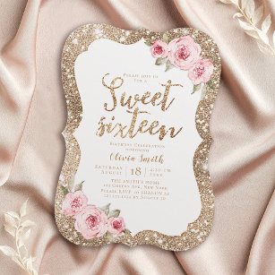 Sparkle gold glitter pink floral sweet 16 birthday invitation