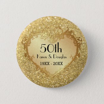 Sparkle Gold Heart 50th Wedding Anniversary Button by SpiceTree_Weddings at Zazzle