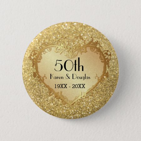 Sparkle Gold Heart 50th Wedding Anniversary Button