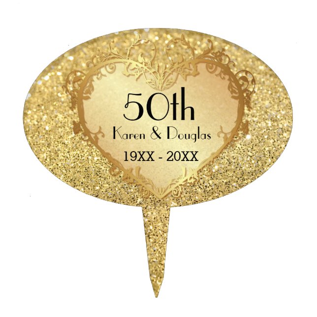 Sparkle Gold Heart 50th Wedding Anniversary Cake Topper (Front)