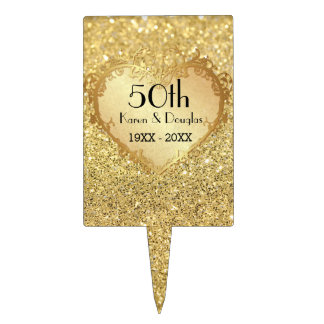 Sparkle Gold Heart 50th Wedding Anniversary Cake Topper