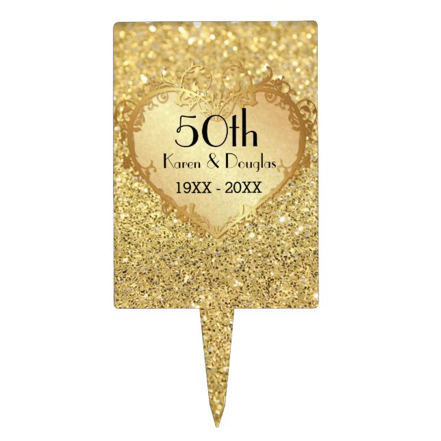Sparkle Gold Heart 50th Wedding Anniversary Cake Topper (Front)