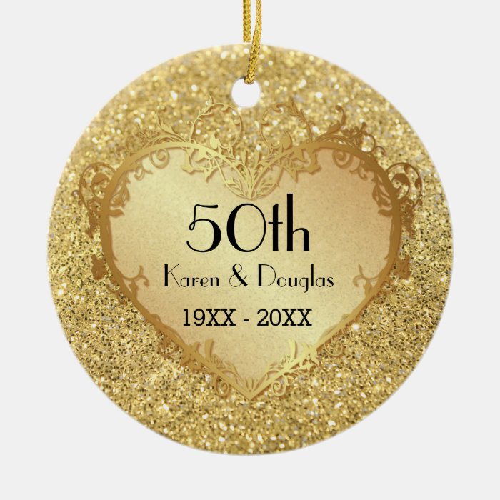 Sparkle Gold Heart 50th Wedding Anniversary Ceramic Ornament | Zazzle