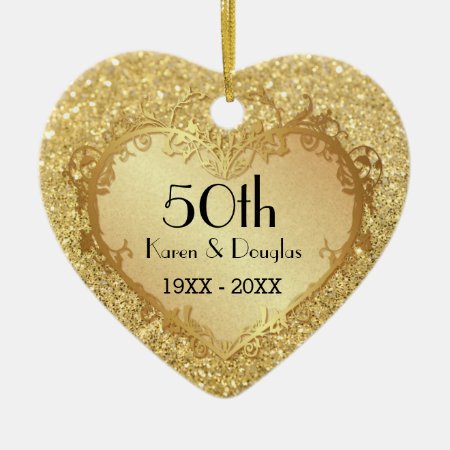 Sparkle Gold Heart 50th Wedding Anniversary Ceramic Ornament