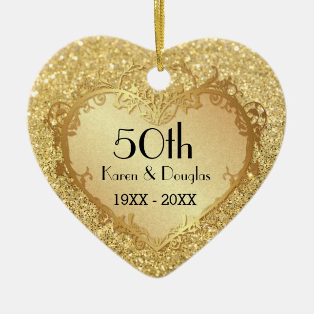 Sparkle Gold Heart 50th Wedding Anniversary Ceramic Ornament (Front)