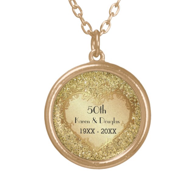Sparkle Gold Heart 50th Wedding Anniversary Gold Plated Necklace (Front)