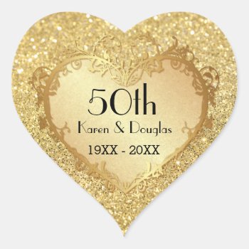 Sparkle Gold Heart 50th Wedding Anniversary Heart Sticker by SpiceTree_Weddings at Zazzle