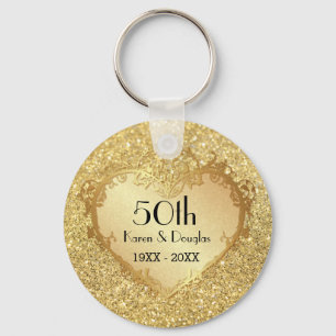 Sparkle Gold Heart 50th Wedding Anniversary Keychain