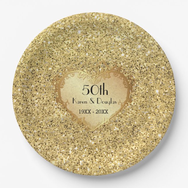 Sparkle Gold Heart 50th Wedding Anniversary Paper Plates (Front)