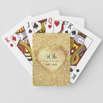 Sparkle Gold Heart 50th Wedding Anniversary Playing Cards by SpiceTree_Weddings at Zazzle