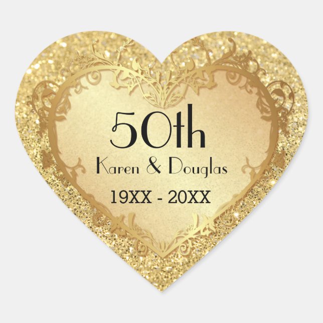 Sparkle Gold Heart 50th Wedding Anniversary Sticker (Front)