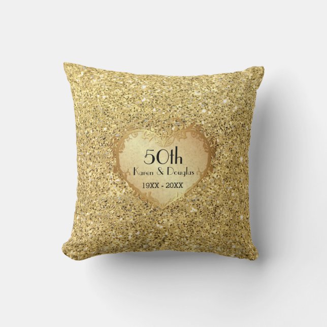 Sparkle Gold Heart 50th Wedding Anniversary Throw Pillow (Front)