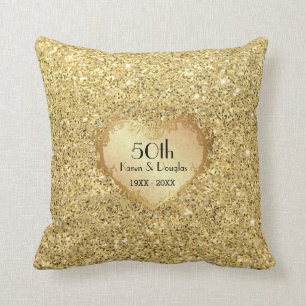 Sparkle Gold Heart 50th Wedding Anniversary Throw Pillow