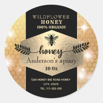 Sparkle Gold Honeybee Honey Branch Honey Jar Label by Makidzona at Zazzle