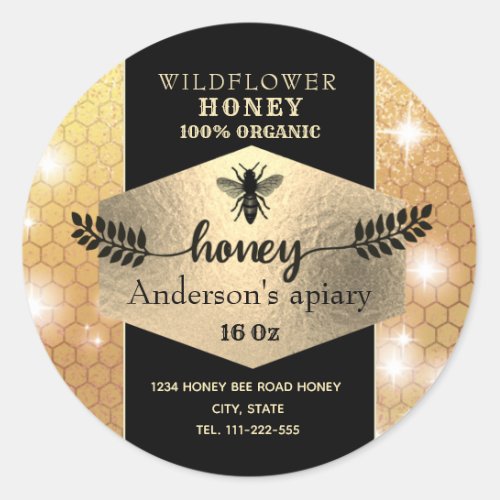 Sparkle gold honeybee honey branch honey jar label