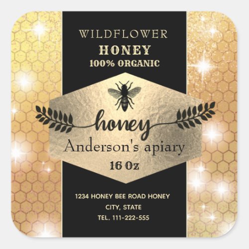 Sparkle gold honeybee honey branch honey jar label