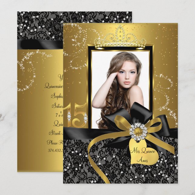 Sparkle Gold Lace & Bow Photo Quinceanera Invitation (Front/Back)