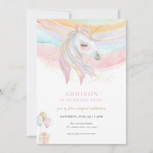 Sparkle Gold  Pastel Unicorn Birthday Invitation