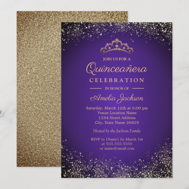 Sparkle Gold Purple Glitter Quinceanera 15th Invitation (Front/Back)
