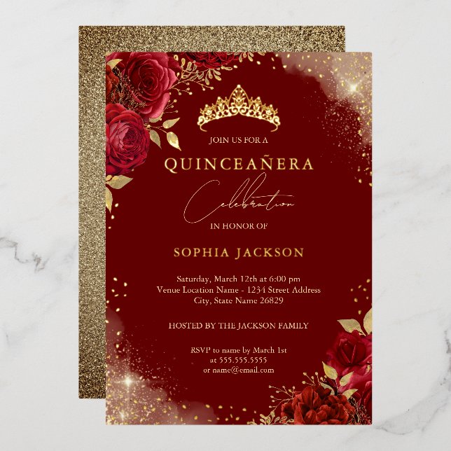 Sparkle Gold Red Rose Tiara Quinceanera Foil Invitation (Front/Back)