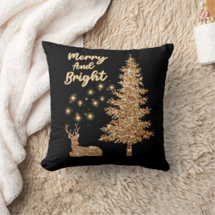 Sparkle Gold Reindeer and Christmas Tree Throw Pillow