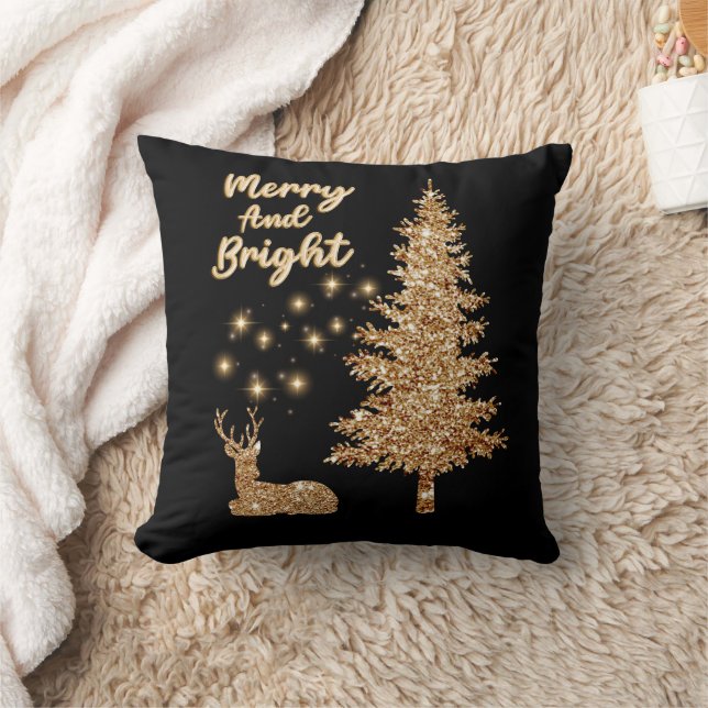 Sparkle Gold Reindeer and Christmas Tree Throw Pillow (Blanket)