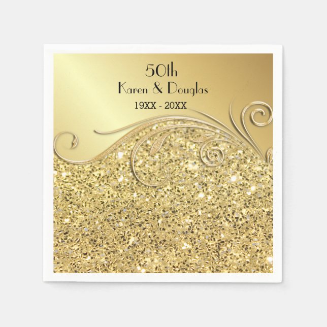 Sparkle Golden 50th Wedding Anniversary Paper Napkins (Front)
